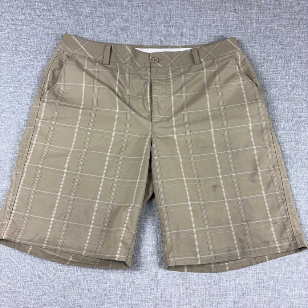 Under Armour Golf Shorts Mens‎ 36 Beige Plaid Microfiber Chino Stretch 11 Inseam